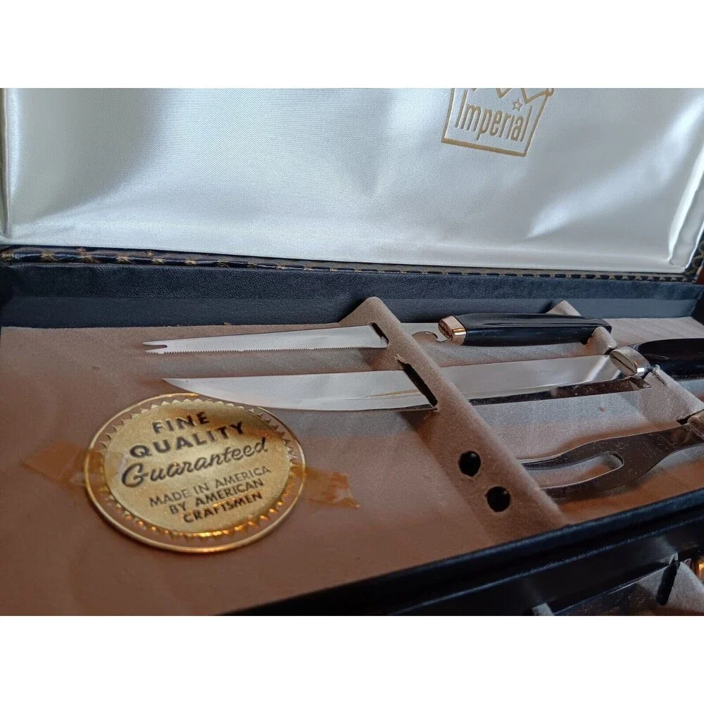 Vintage 1950 MCM Imperial Stainless 6 Carving Steak Knives & Meat Fork Set of 9